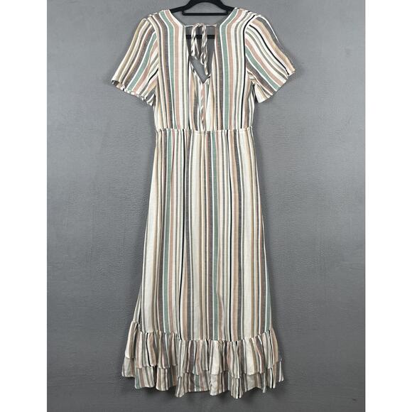 Saltwater Luxe Dress Womens XS Multicolor Striped Button Front Ruffle Maxi Boho - Picture 3 of 10